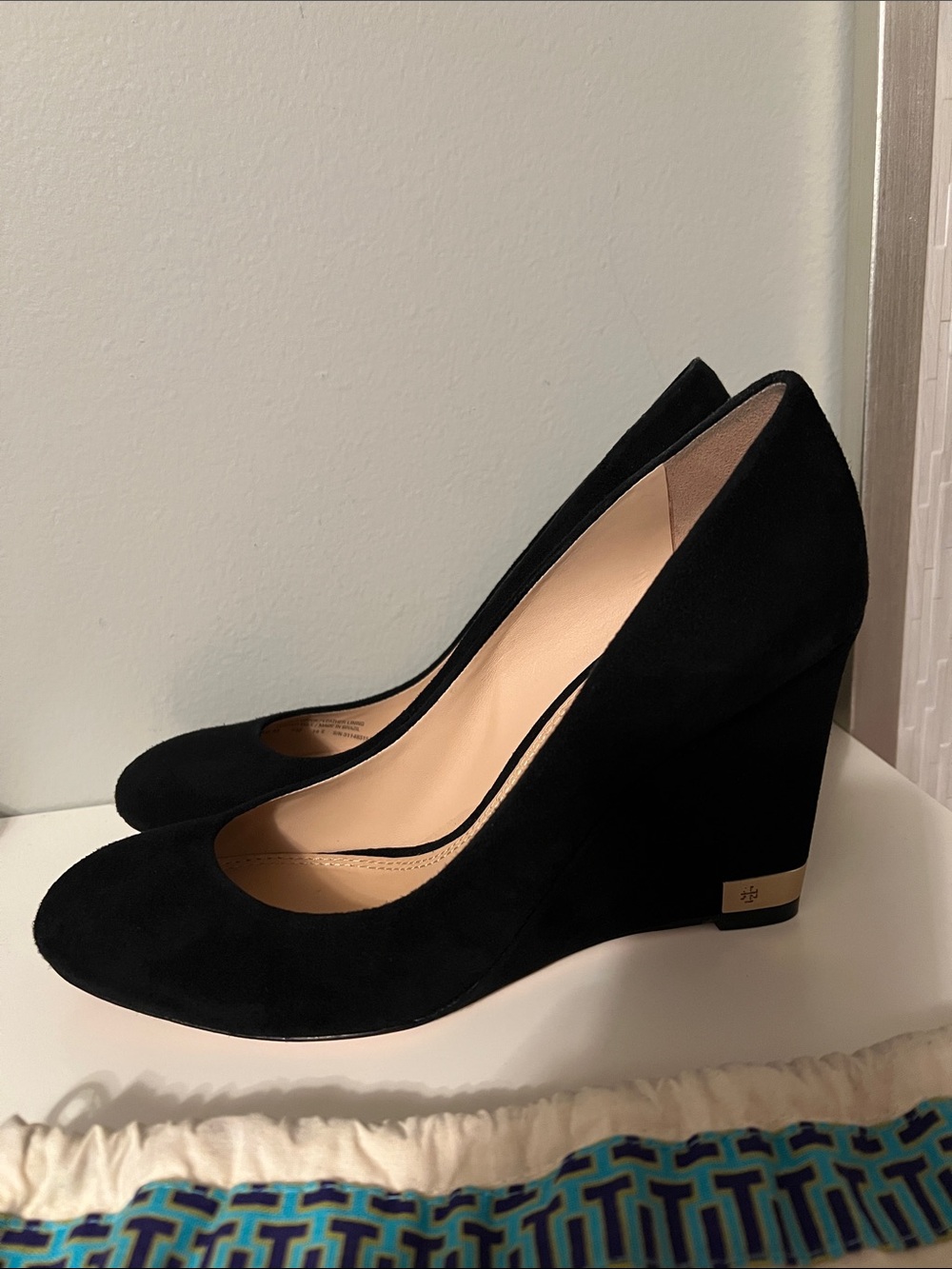 Tory Burch Black Suede Wedge Heels with Gold Accent (Size 10) - Picture 4 of 9